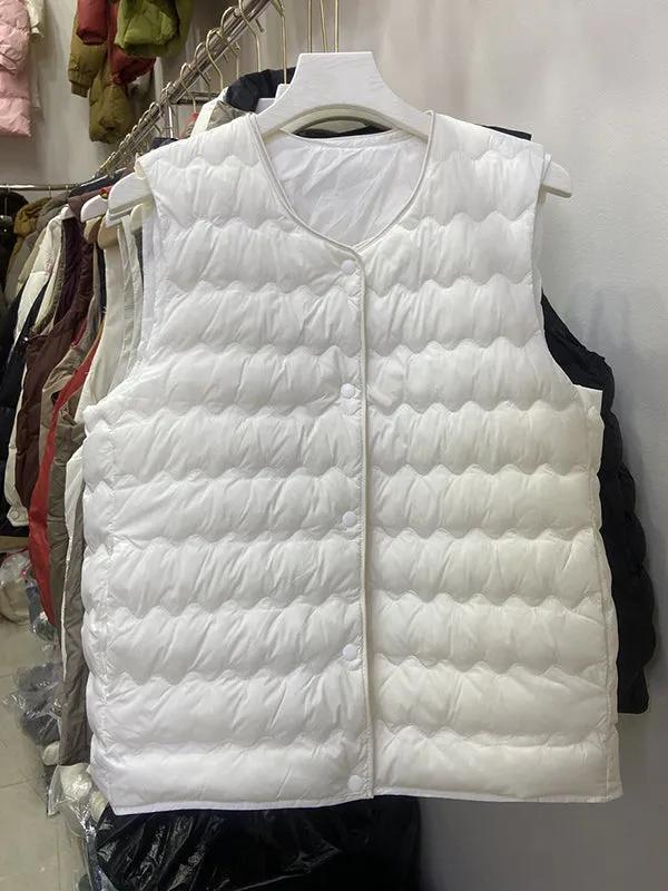 Loose Sleeveless Buttoned Quilted Solid Color Round-Neck Padded Vest