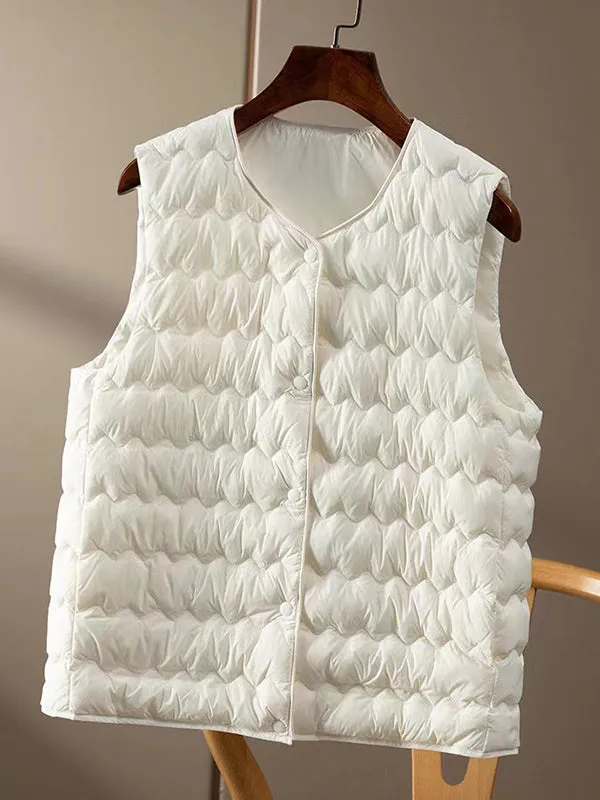 Loose Sleeveless Buttoned Quilted Solid Color Round-Neck Padded Vest