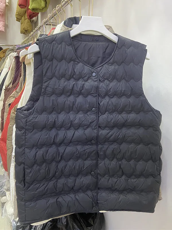 Loose Sleeveless Buttoned Quilted Solid Color Round-Neck Padded Vest