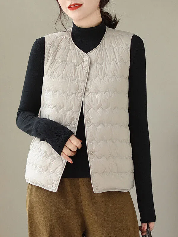 Loose Sleeveless Buttoned Quilted Solid Color Round-Neck Padded Vest