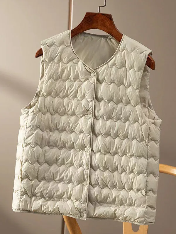 Loose Sleeveless Buttoned Quilted Solid Color Round-Neck Padded Vest