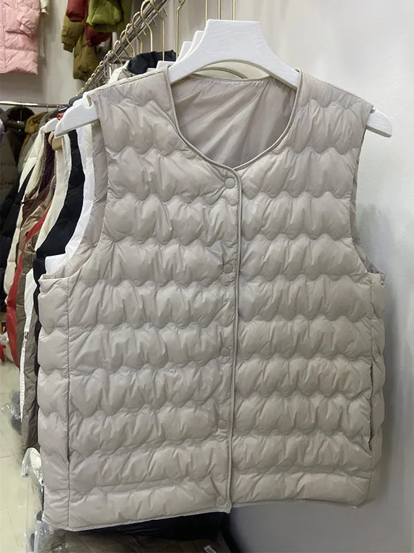 Loose Sleeveless Buttoned Quilted Solid Color Round-Neck Padded Vest