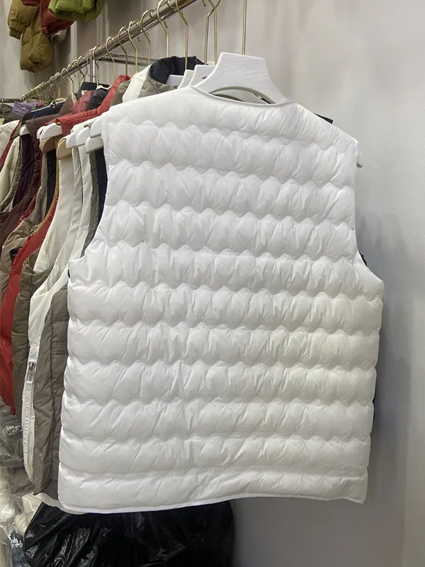 Loose Sleeveless Buttoned Quilted Solid Color Round-Neck Padded Vest