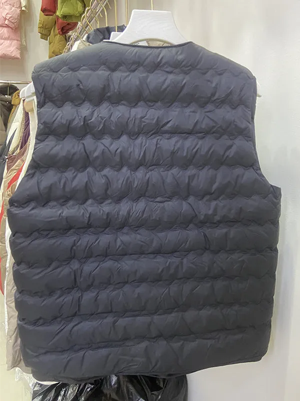 Loose Sleeveless Buttoned Quilted Solid Color Round-Neck Padded Vest