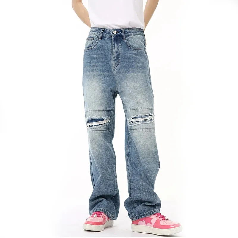 Male Hole Design Denim Pants Personalized Gradient Color Straight Wide Leg Loose Men's Jeans Summer Trendy 9C6675