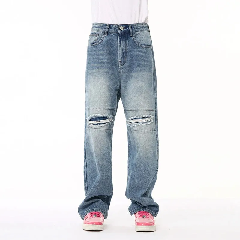 Male Hole Design Denim Pants Personalized Gradient Color Straight Wide Leg Loose Men's Jeans Summer Trendy 9C6675