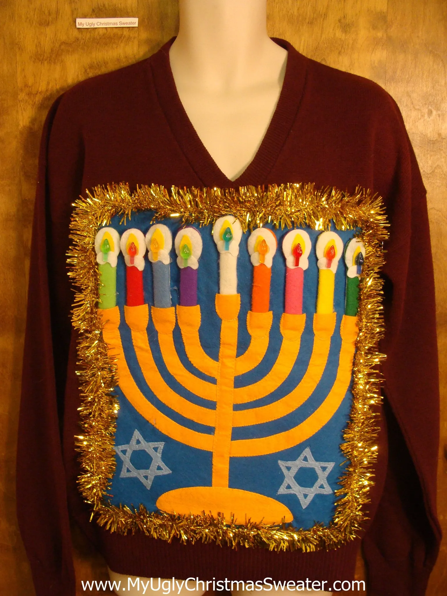 Maroon Vneck Hanukkah Sweater with Menorah