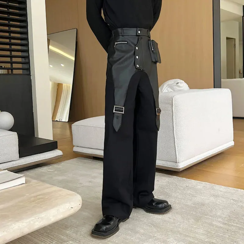 Men Trousers PU Leather Patchwork Casual Cargo Pant Straight Tube Streetwear Trend Male Spliced Overalls Fashion 9C1775