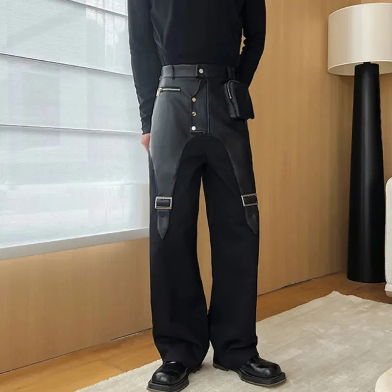 Men Trousers PU Leather Patchwork Casual Cargo Pant Straight Tube Streetwear Trend Male Spliced Overalls Fashion 9C1775