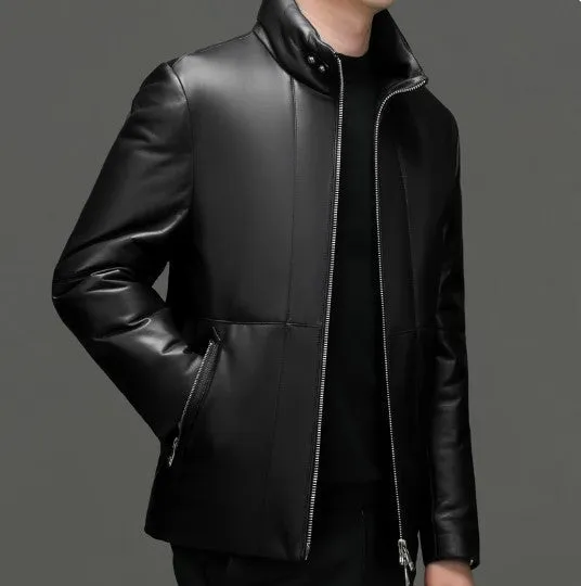 Men's Fashion Leather Jacket Stand Collar Down Jacket Sheep Skin Coat