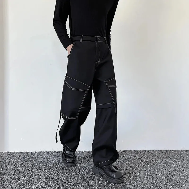 Men's Trousers Autumn Personalized Loose Pocket Open Thread Straight Leg Wide Leg Cargo Pants Adjustable Drawstring 9C3223