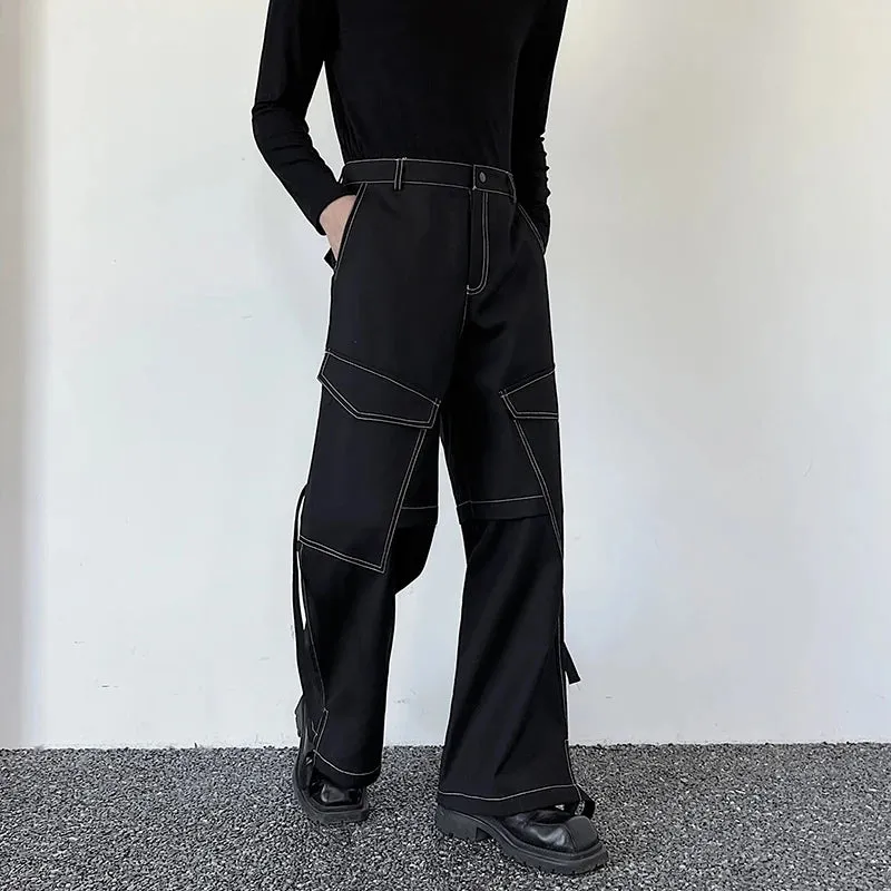 Men's Trousers Autumn Personalized Loose Pocket Open Thread Straight Leg Wide Leg Cargo Pants Adjustable Drawstring 9C3223