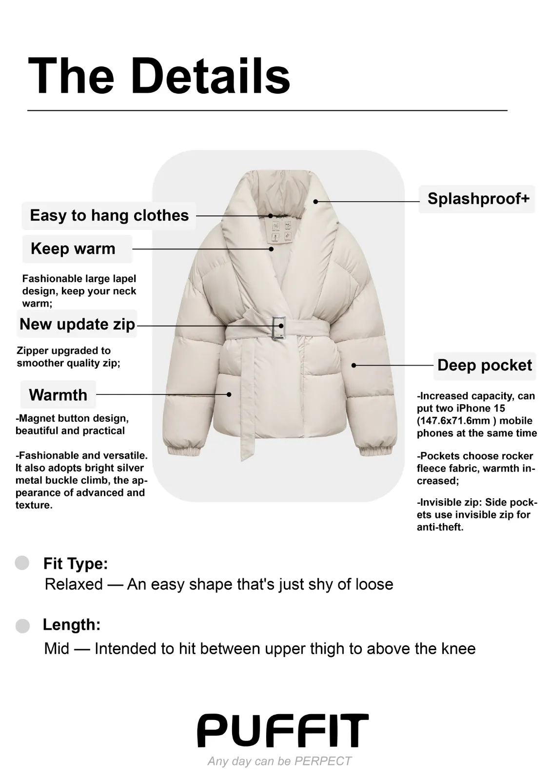 Mid Length Belted Magnet Button Puffer Jacket Splashproof