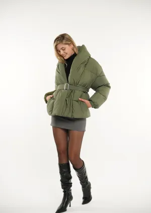 Mid Length Belted Magnet Button Puffer Jacket Splashproof