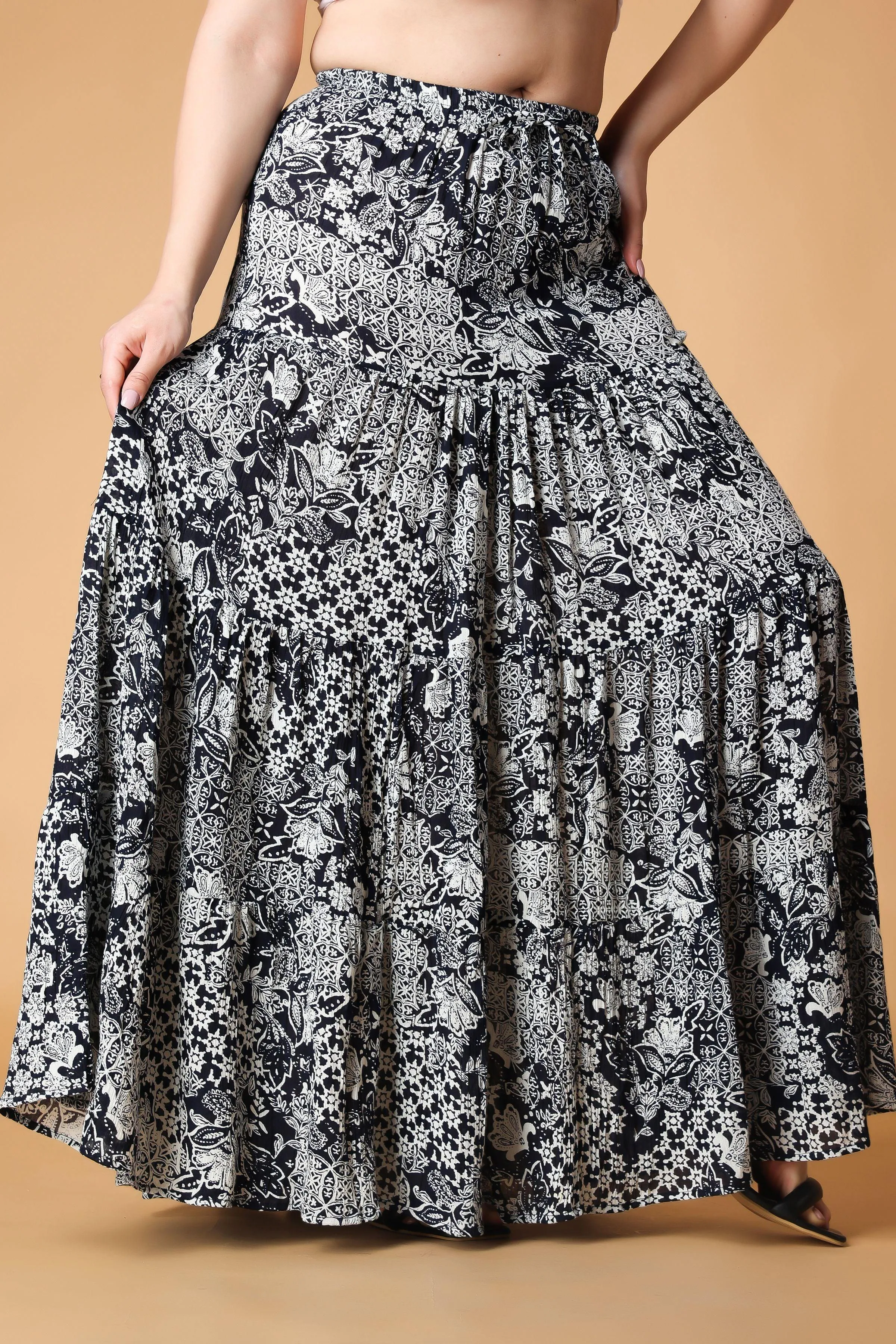 Navy Blue & White Multi Abstract Printed Skirt