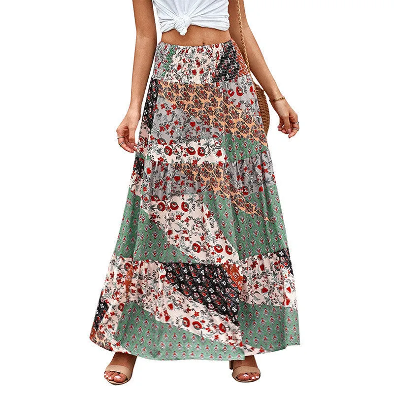 Printed skirt summer ethnic style high waist thin A-line skirt