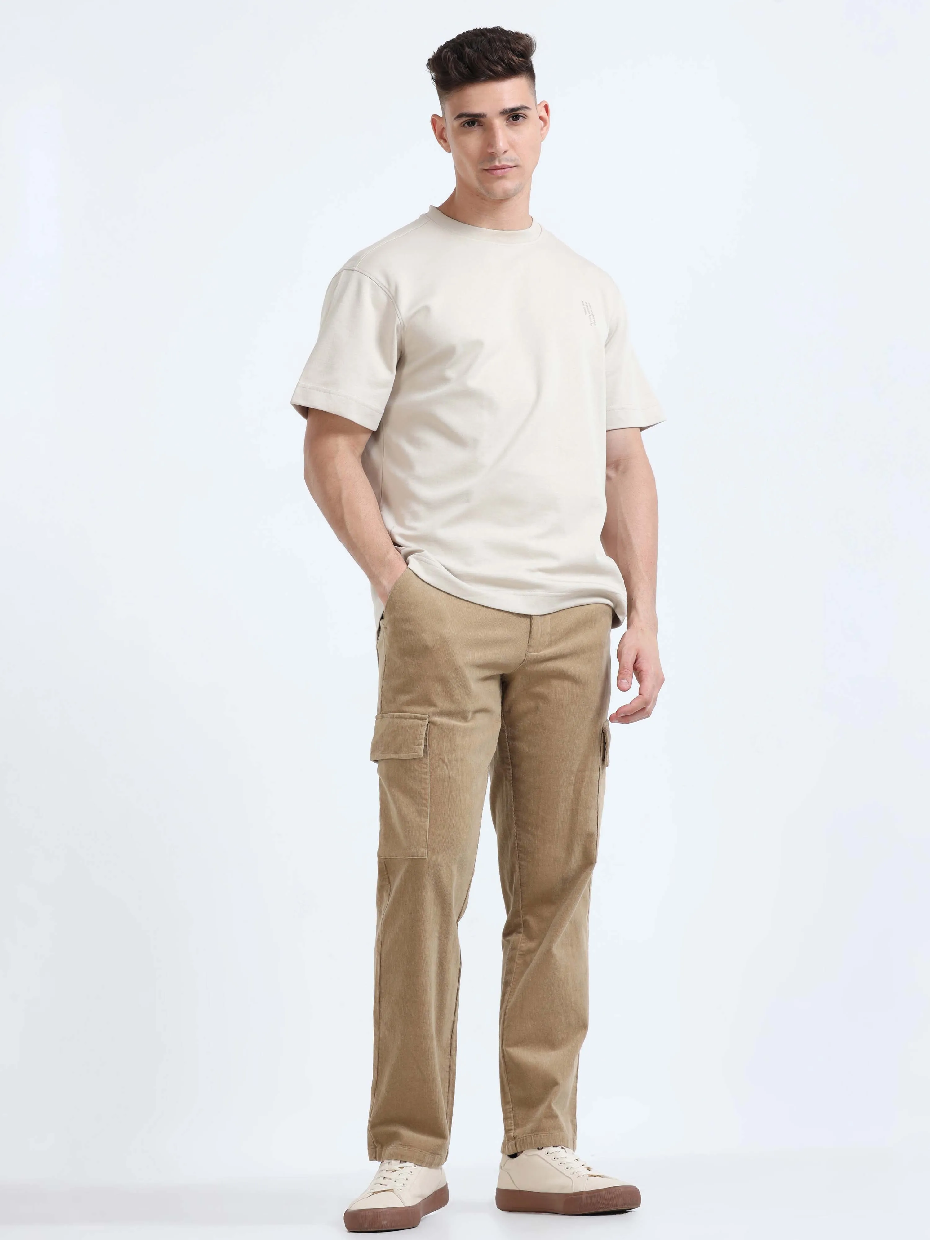 Soft Corduroy Beige Relaxed Cargo Pant