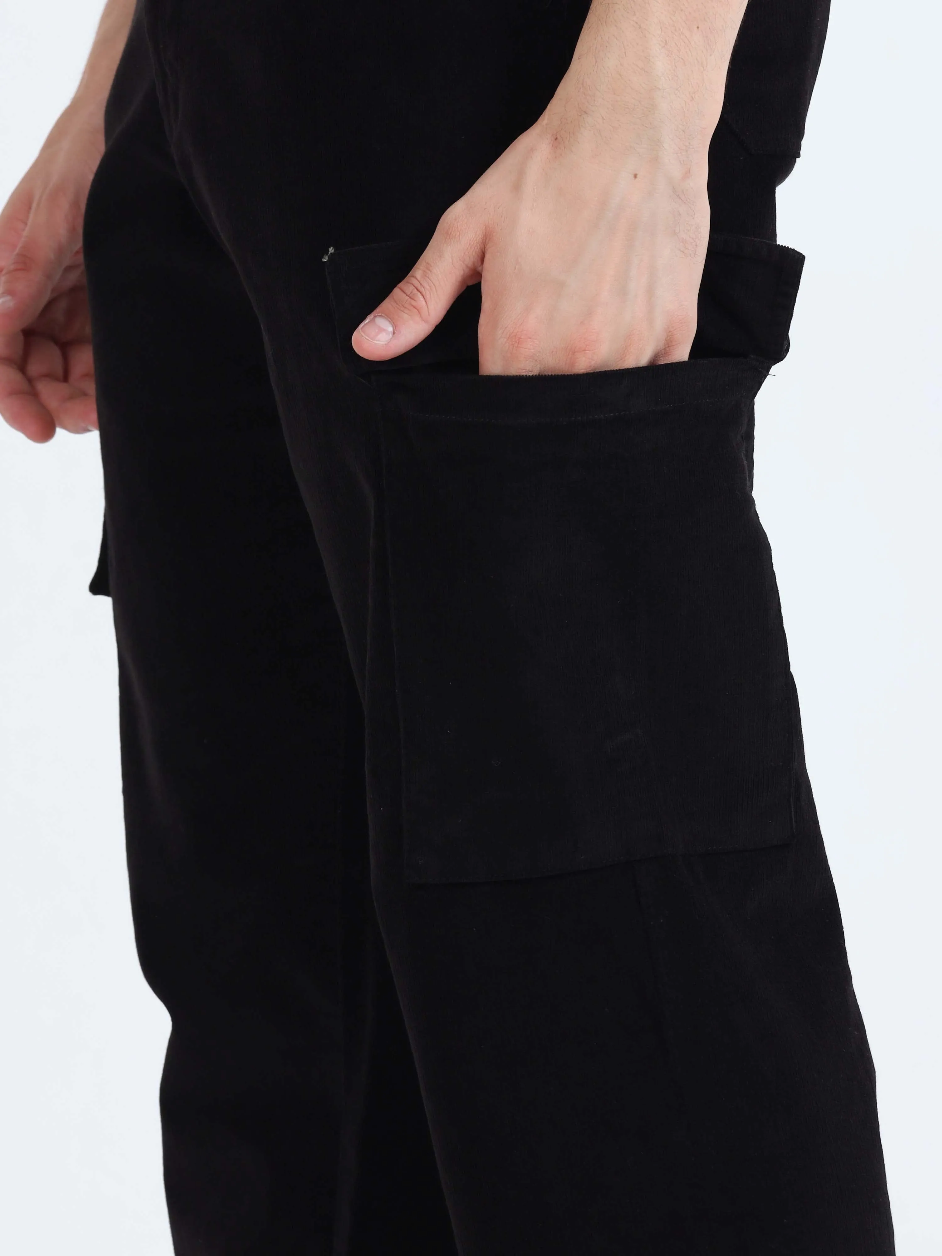 Soft Corduroy Black Relaxed Cargo Pant