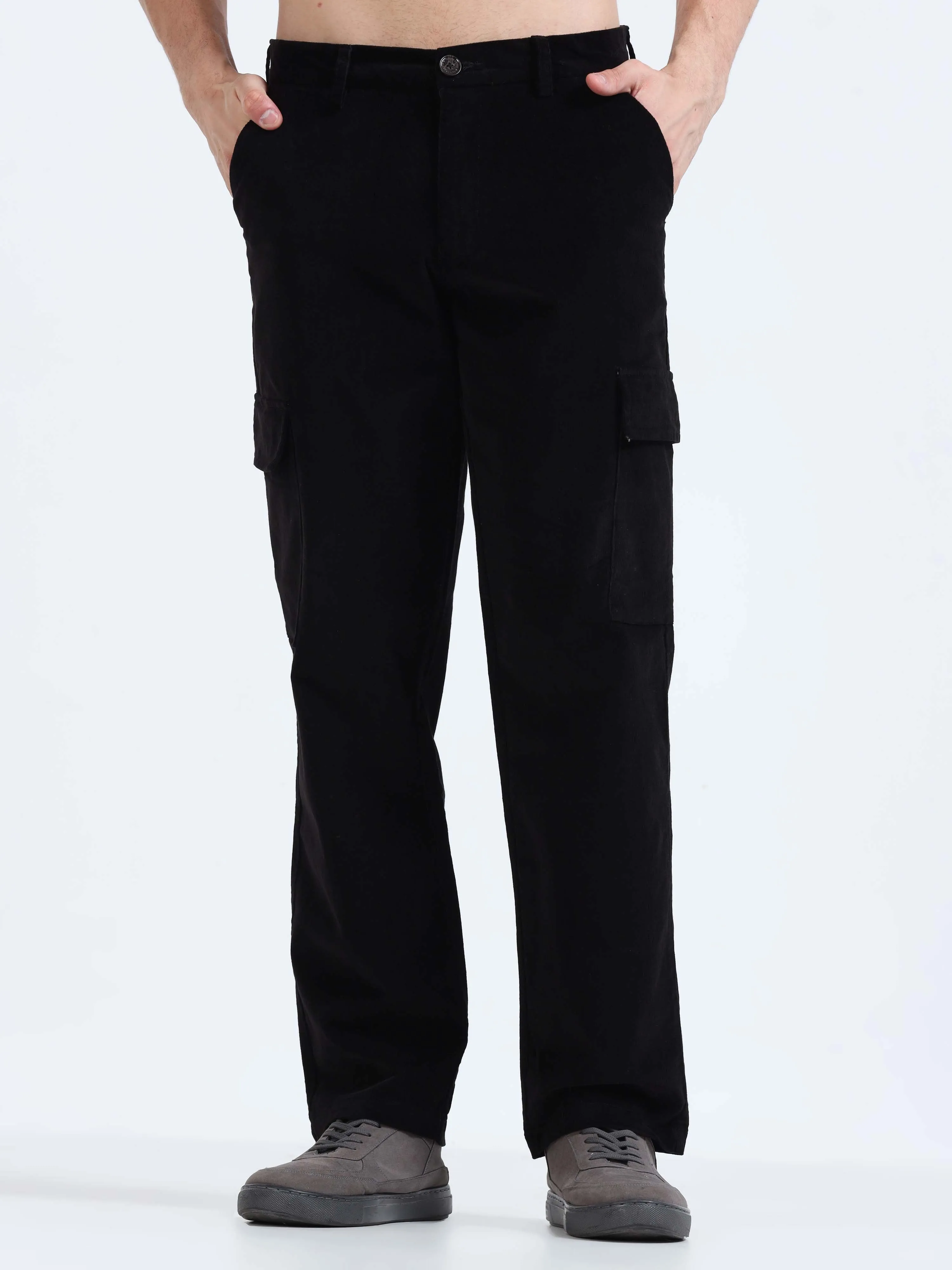 Soft Corduroy Black Relaxed Cargo Pant