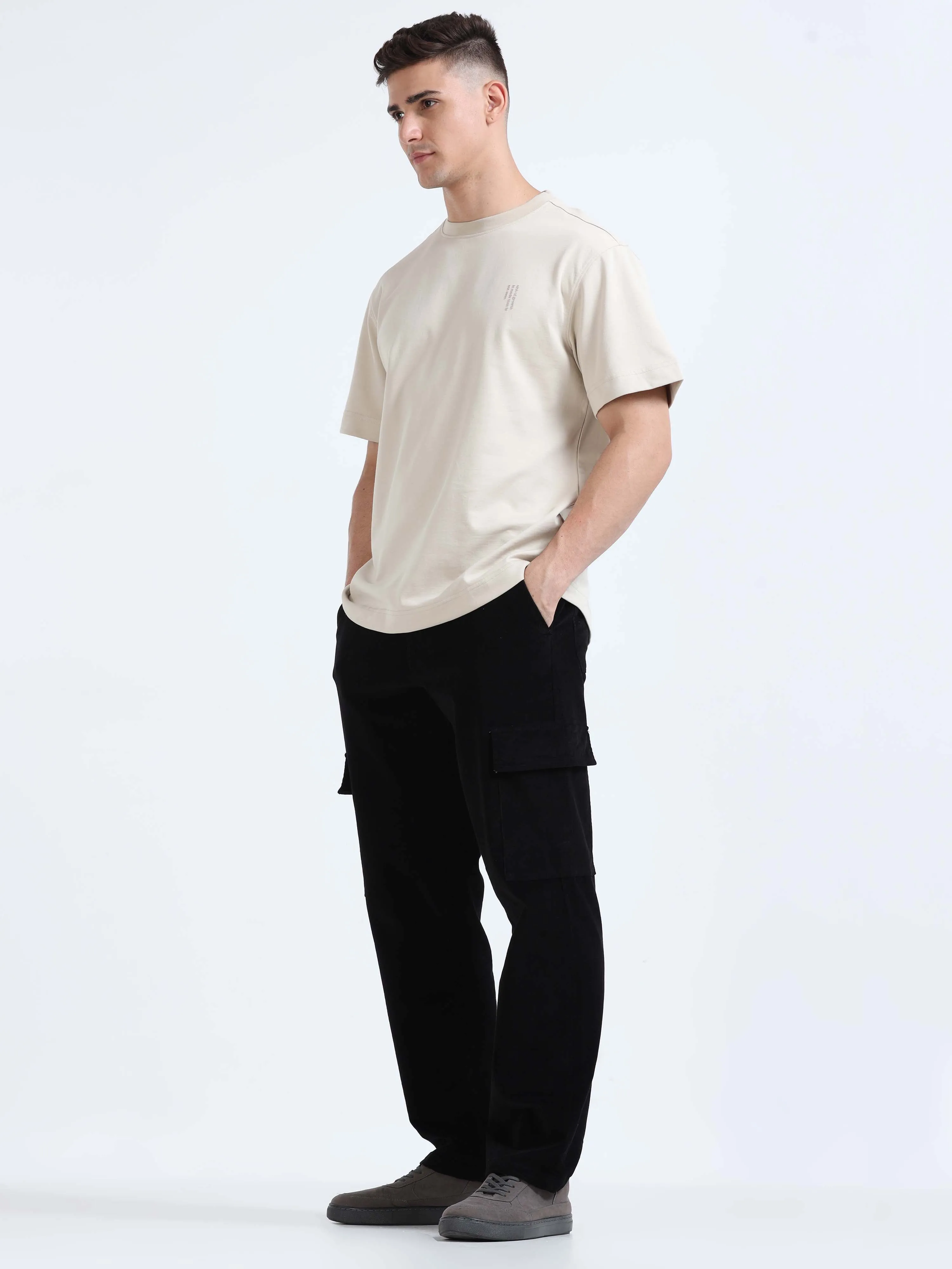 Soft Corduroy Black Relaxed Cargo Pant