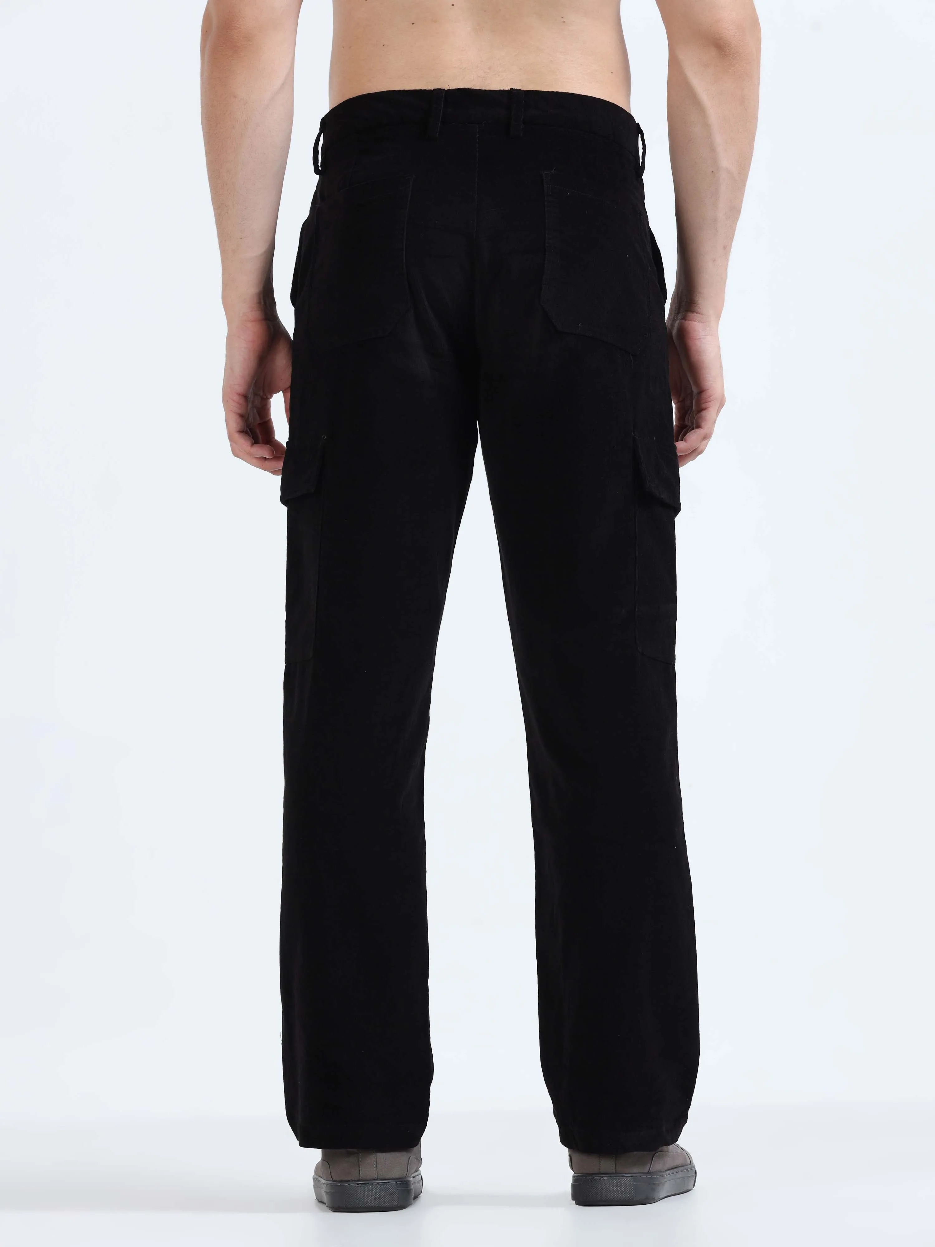 Soft Corduroy Black Relaxed Cargo Pant