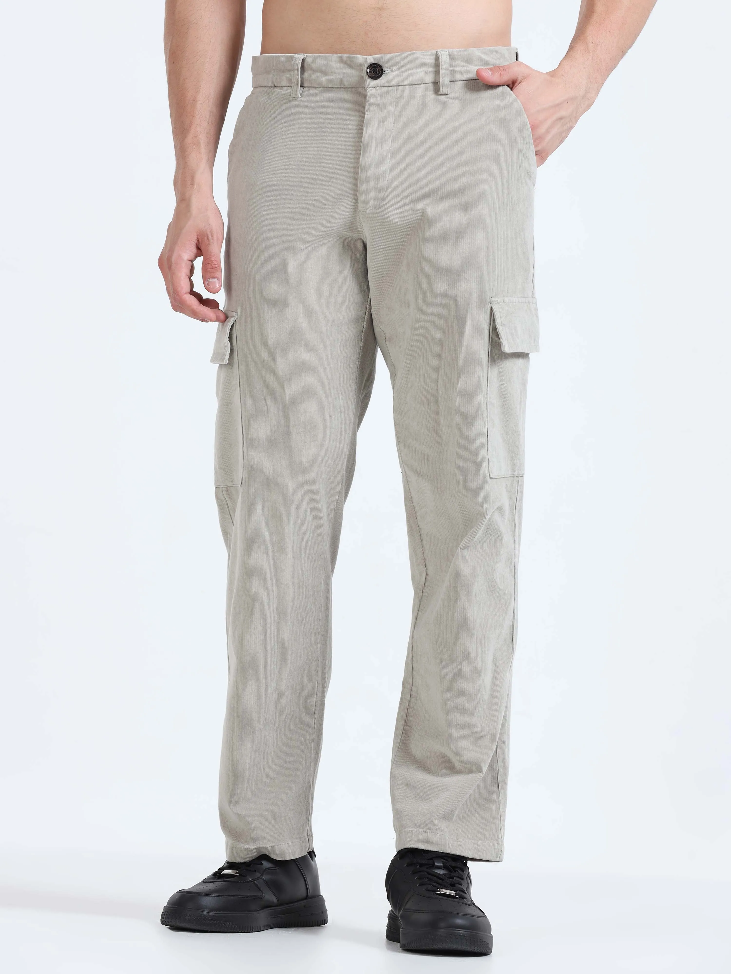 Soft Corduroy Light Grey Relaxed Cargo Pant