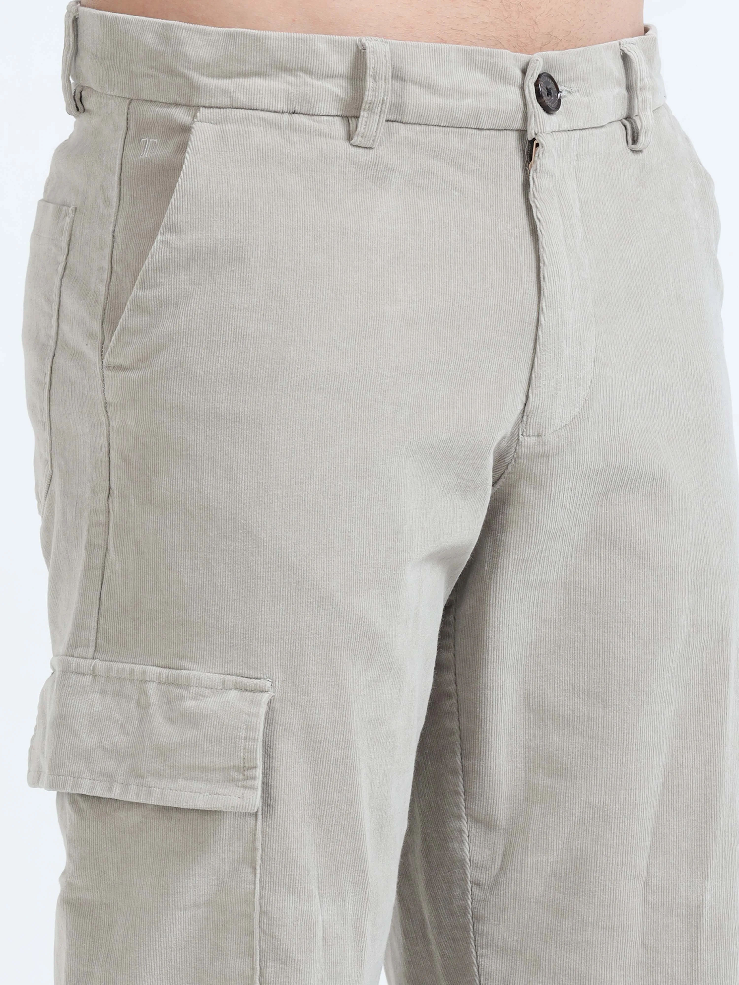 Soft Corduroy Light Grey Relaxed Cargo Pant