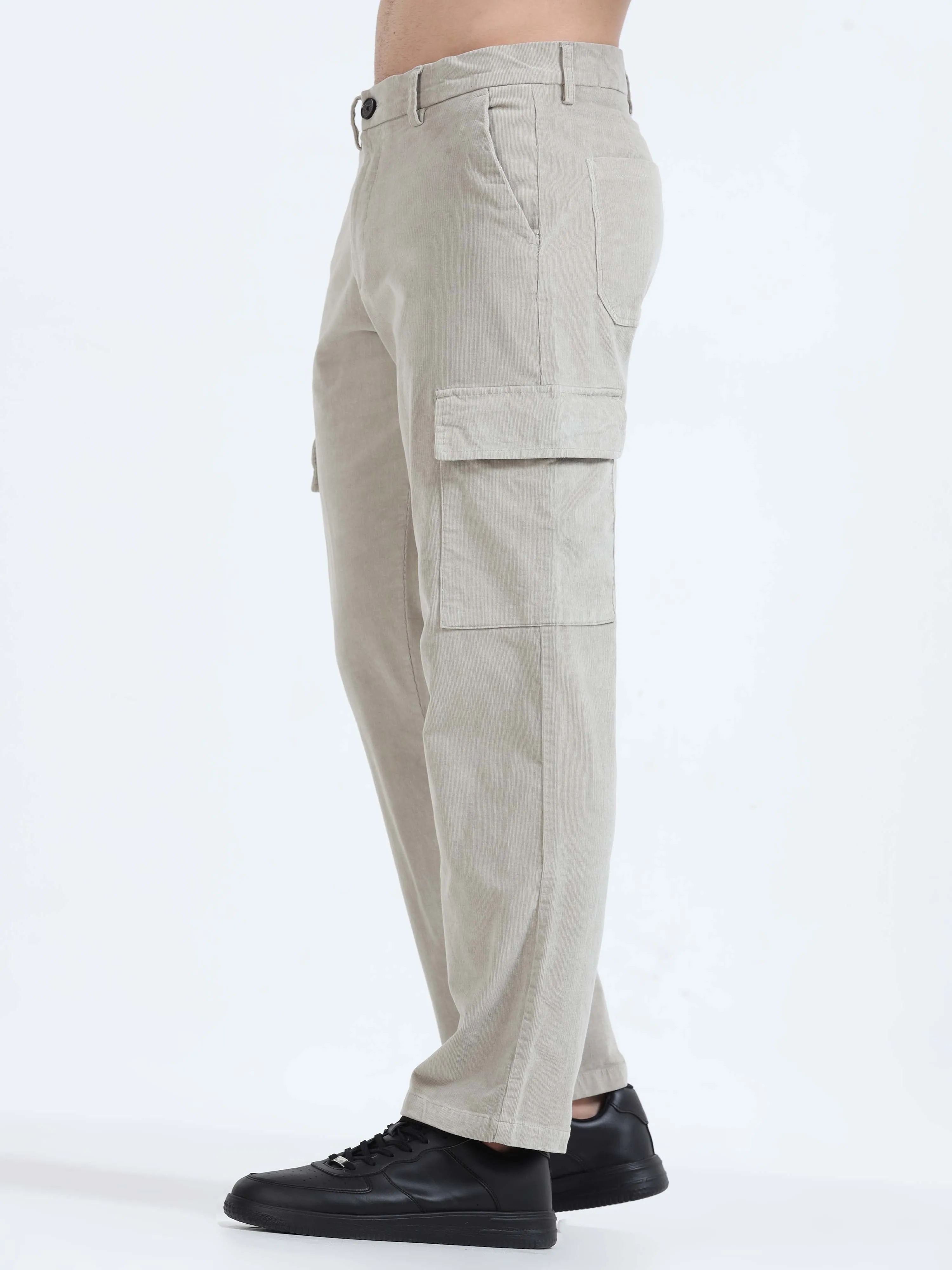 Soft Corduroy Light Grey Relaxed Cargo Pant