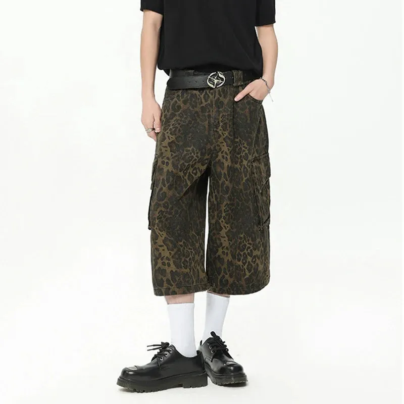 Streetwear Trendy Leopard Print Cargo Pants Summer New Camouflage Big Pocket Design Male Shorts Wide Leg 9C6628