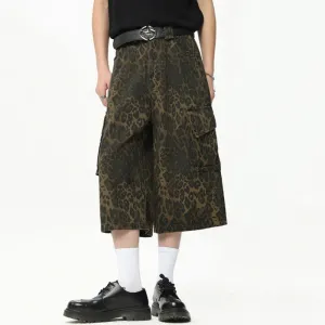 Streetwear Trendy Leopard Print Cargo Pants Summer New Camouflage Big Pocket Design Male Shorts Wide Leg 9C6628