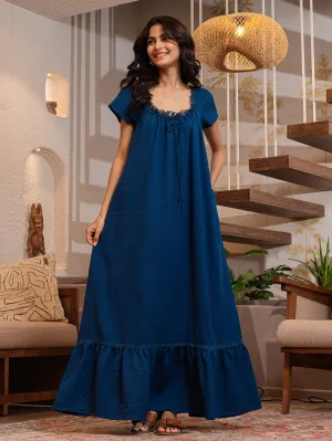 Teal Blue Flared Soft Crepe Night Maxi