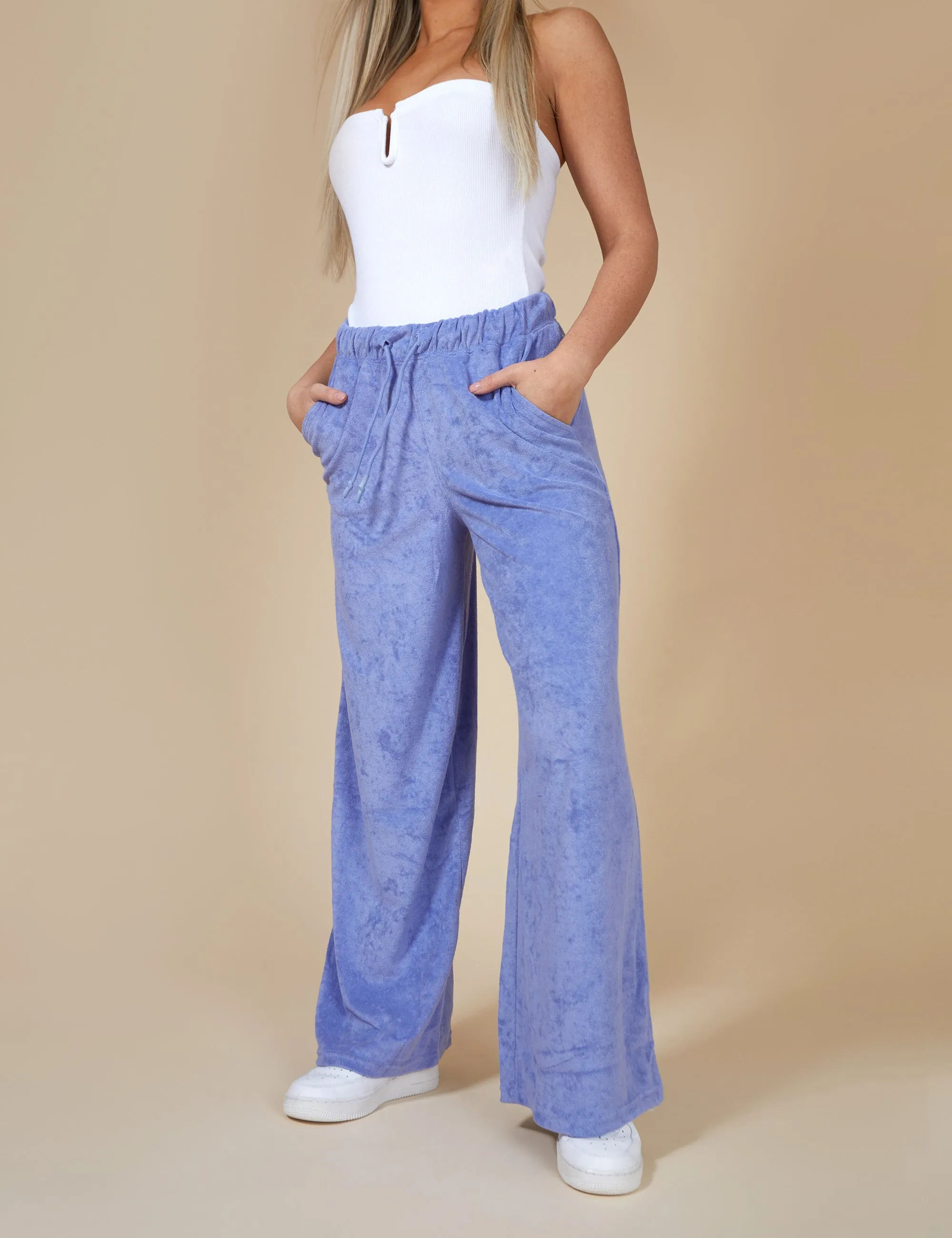 Towelling Wide Leg Joggers Purple