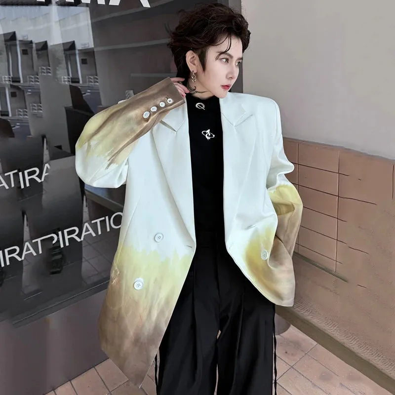 Turn-down Collar Men's Blazer Personality Freehand Painting Gradient Color Male Suit Jackets Trendy Spring 9C4225