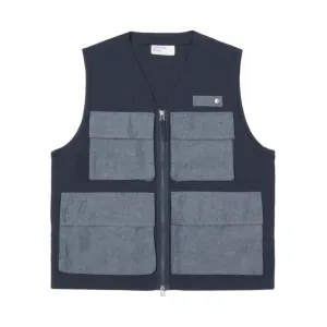 UNIVERSAL WORKS Photographers Gilet In Navy Grey Lord Cotton Linen