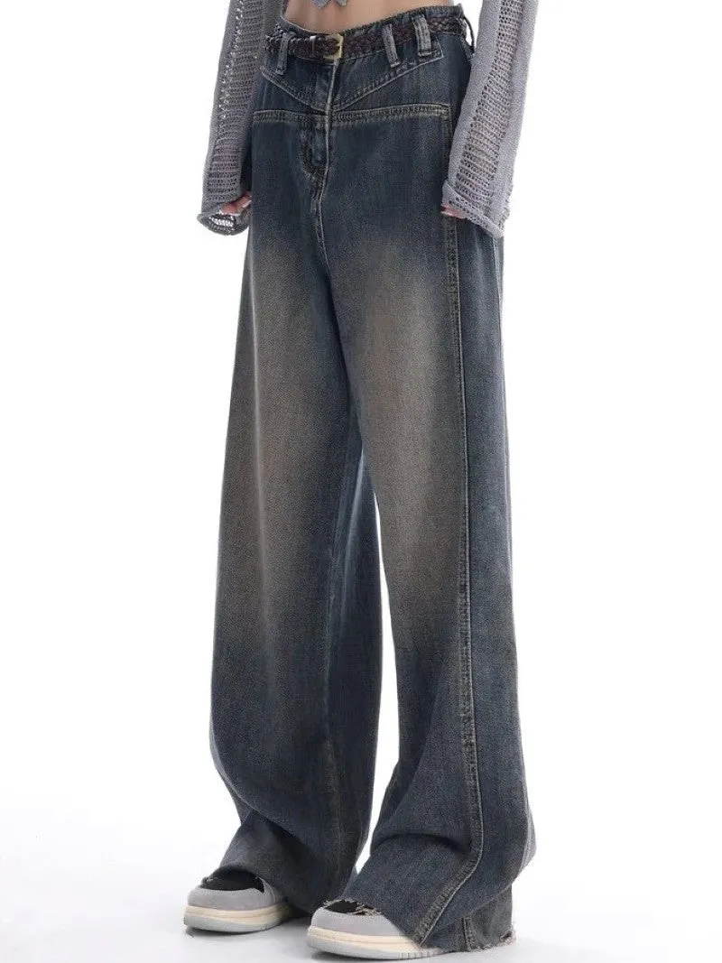 Wenkouban 2000s Y2K vintage baggy boyfriend jeans with wash effect