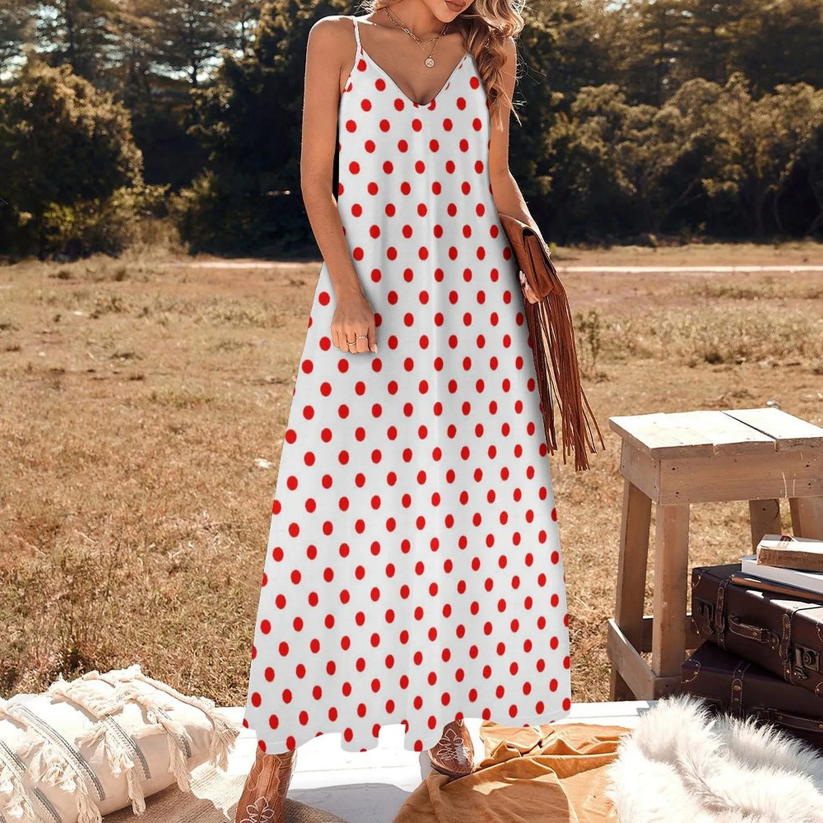 White WIth Red Polka Dots Women's Summer Slip Long Dress